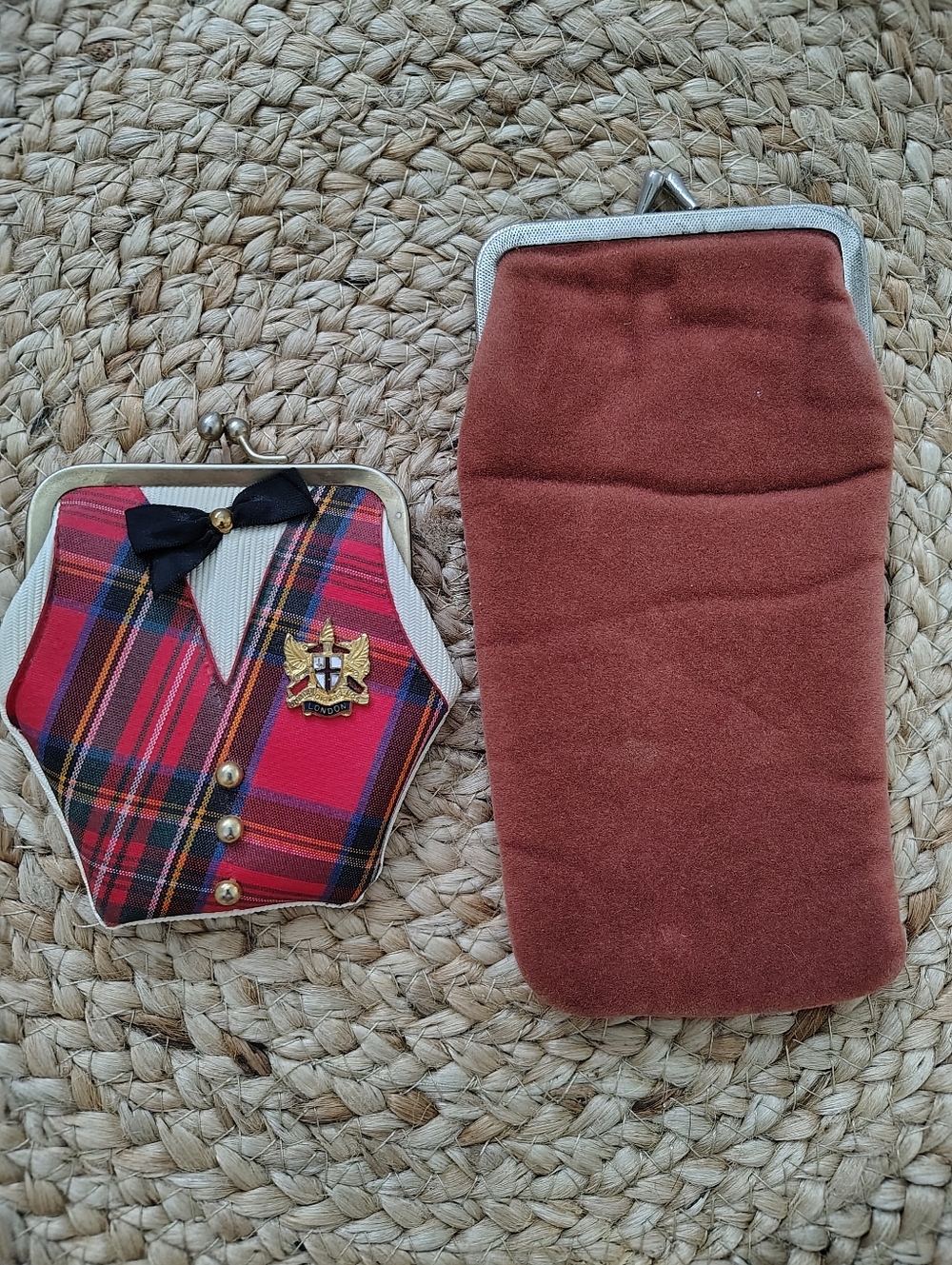 Vintage Plaid Bow Coin Purse & Brown Felt Clutch - Red Plaid